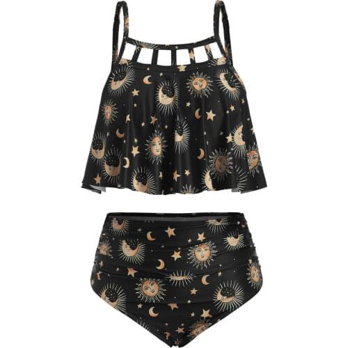 Wipalo Plus Size Sun Moons Print Ruffle Tankini Set Large Size 5XL Two Piece Cut Out Swimsuit Women Beach Swimwear 2019