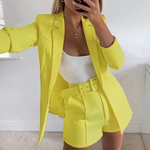 Beach 2021 New Suit Spring And Autumn Solid Color 2-piece Suit With Belt Ladies Casual Shorts Suit Fashion Casual Lapel Cardigan