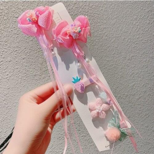 5PCS/Set Girls Cute Hanfu Pink Flower Bow Hairpins Kids Sweet Headband Hair Ornament Clips Barrettes Fashion Hair Accessories