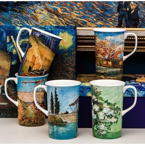 Van Goghs large-capacity bone China mug couple ceramic mug with lid spoon gift cup ceramic mug coffee mug coffee cups