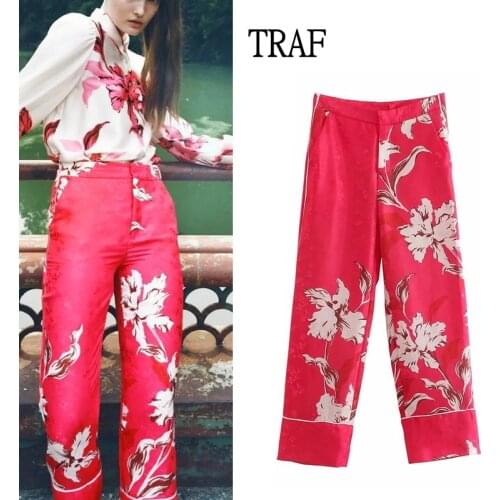 TRAF Women Pants Za 2021 Summer Print High Waist Long Trousers Woman Clothing Side Pocket Zipper Woman Elegant Straight Pants