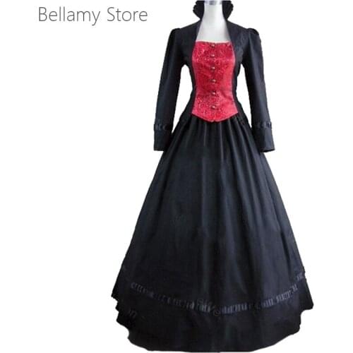 Black Retro Lolita Gothic Victorian standing collar patchwork button up long sleeve dress