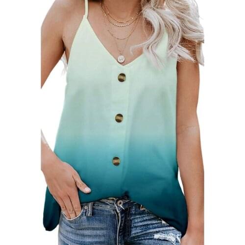 Women Spaghetti Strap Tank Top Sexy Deep V-Neck Button Down Loose Camisole Gradient Contrast Color Sleeveless Blouse