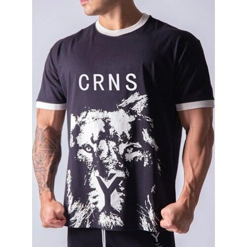 Cotton Running Sport T-shirt Men Gym Fitness Training Black t shirt Male Jogging Workout Short sleeve Tee Tops Print Clothing