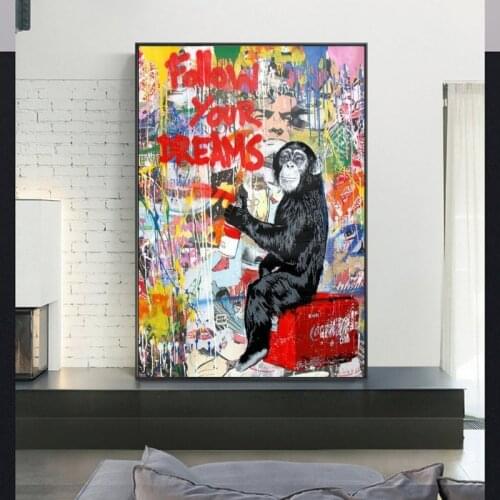Follow Your Dreams Graffiti Art Canvas Paintings Monkey Street Wall Art Posters And Prints Animals Pictures Kids Room Decoration