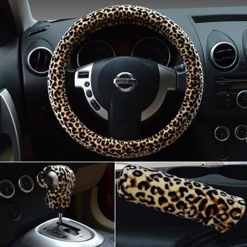 Classic Leopard Print Steering Wheel Cover Womens Winter Plush Gear Hand Brake Cover Three Piece Set Car Interior Accessories