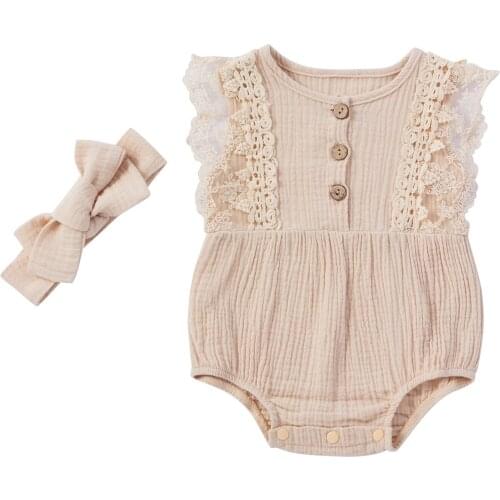 Newborn Baby Girls 2-piece Outfit Set Sleeveless Lace Romper+Headband Set for Kids Girls