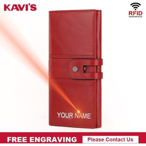 KAVIS 100% Genuine Leather Womens Wallet Hasp Female Coin Purse New Portomonee Clutch Money Bag Lady Handy Long Name Engraving