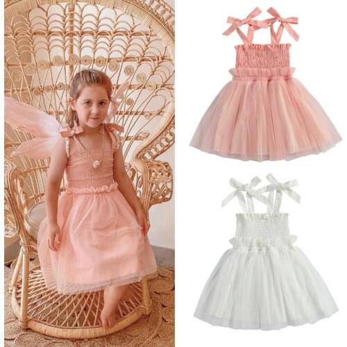 Baby Girls Summer Mesh StitchingCamisole Dress Cute Sweet Straped Princess Bow Dresses Sundress