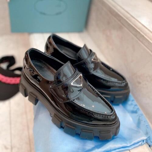 Black paint leather Platform loafers pointed toes shoes for women luxury designers Triangle logo Chunky Sole Monolith footwear