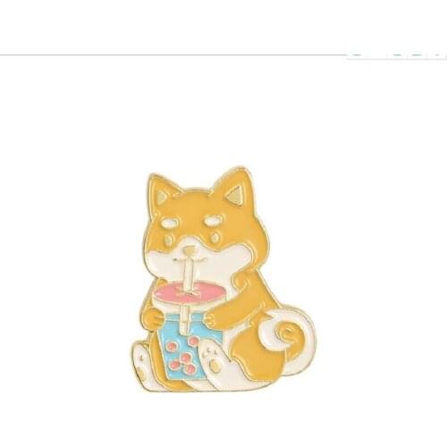 Cute Yellow Puppy Corgi Brooch Fun Drinking Milk Tea Cartoon Korean Female Student Decoration New Wave