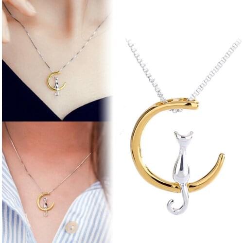 Fashion Women Cute Cat Crescent Necklace Cat Sitting On The Moon Necklace Gift