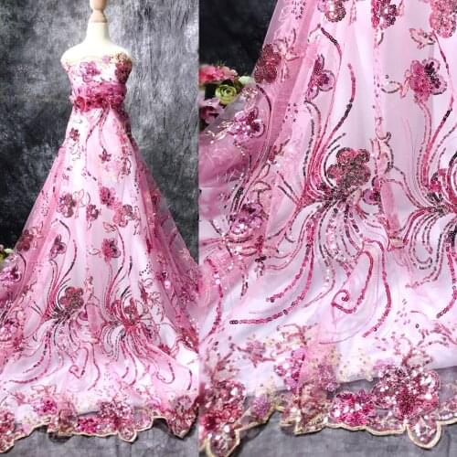 New pink sapphire blue big flower 3D sequin embroidery mesh fabric performance clothing flower embroidery lace fabric