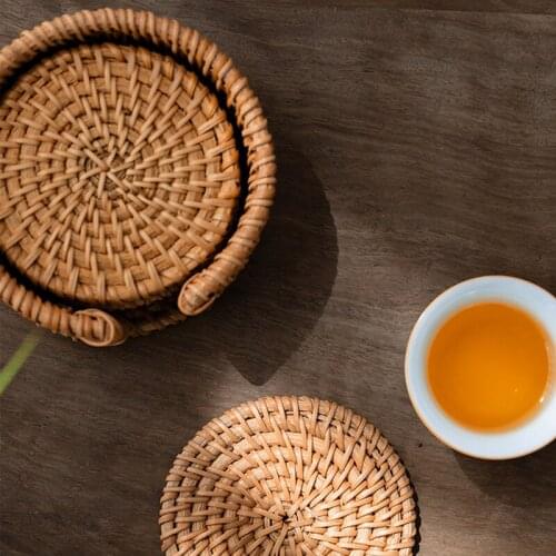 6PCS Handmade Rattan Coaster Set for Kungfu Tea Drinks Round Table Mat Kitchen Accessories Placemat Dish Cup Mat Pad Wholesale