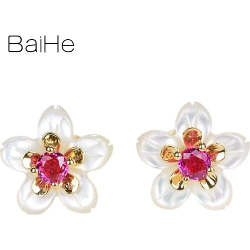 BAIHE Solid 14K Yellow Gold Natural Ruby Trendy Fine Jewelry Wedding Gift Petal shell Flower Stud Earrings Women серьги сережки