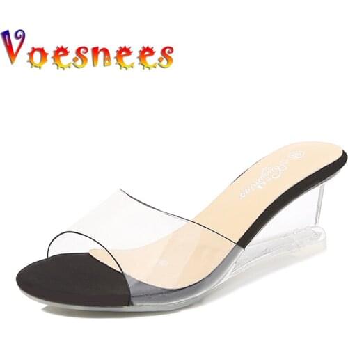 Slippers Women High-heeled Female Shoes 2021 Summer New Wild Wedges Sandals High Heels 6cm Transparent Non-slip Ladies Slides