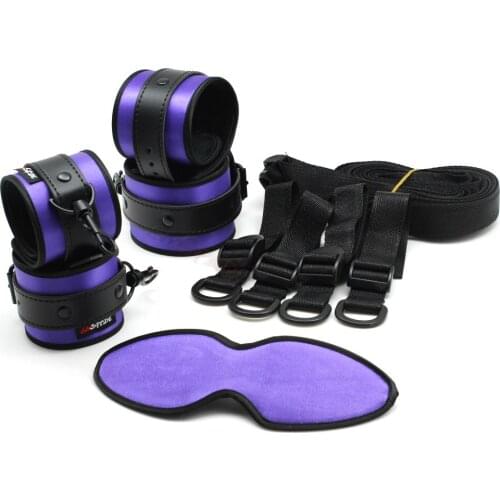 Smspade 4 pcs purple satin under bed bondage restraints kit including handcuffs and blindfold,adult restraint set for bedroom