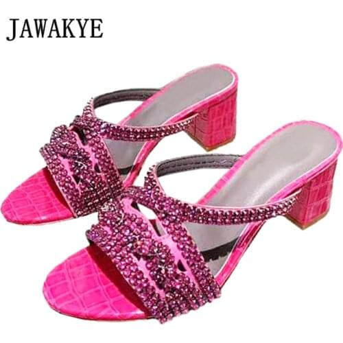 Rhinestone Hollow Slippers Women Open Toe Block heels Mules Sandals Woman Crystal Runway Party Shoes Fashion Brand Sandalias