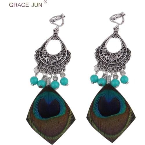Bohemian Vintage Style Bead Long Peacock Clip on Earrings Without Pierced for Women Party Pom Elegant Large Pierced Earrings New