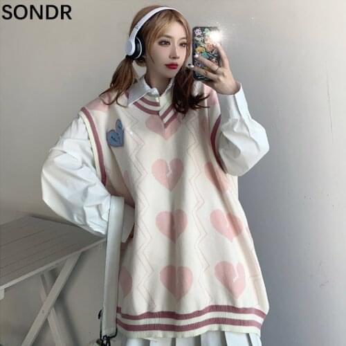 Japanese Cute Kawaii Girl Sweater Vest Autumn Sweet Student Loose Outer Tower Knitted Tops Sleeveless V-Neck Women Knit Jumper