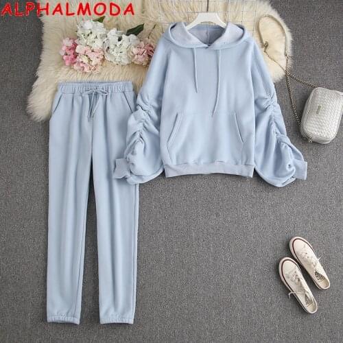 ALPHALMODA 2021 Spring New Arrived Ruched sleeve Thicked Fleeced Oversized Hooded Sweatshirt Pants 2pcs Casual Suit Warm Winter