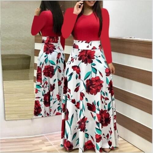 2019 Autumn Hot Sale European American Style Flower Print Color Matching Dress Long dressess Long-sleeve Women Dresses Vestidos