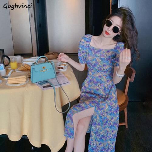 Short Puff Sleeve Dress Women Square Collar Floral Printed Side Slit Elegant Sweet French Style Fashion Purple Summer Female Ins
