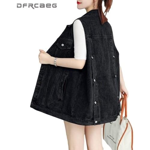 Oversized Vintage Women Vest Summer 2021 Loose Washed Jeans Waistcoat Outerwear Streetwear Back Button Sleeveless Denim Jacket