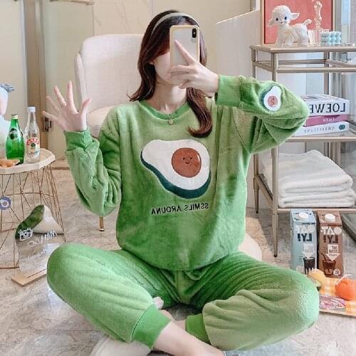 Winter Warm Flannel Green Pajama Sets Sleepwear For Women Velvet Robe Aguacate pijamas Mujer Pullover nuisette Femme Underwear