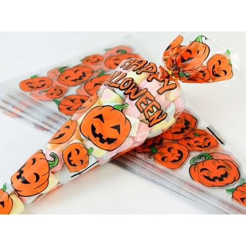 100pcs Pumpkin Bat Print Halloween Gift Bags Plastic Cone Bag Cookie Candy Chocolate Package Treat Bags Halloween Party Supplies