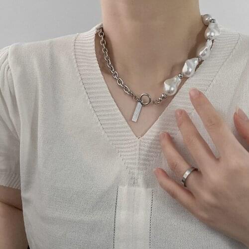 ALLNEWME Cool Baroque Irregular Pearls Choker Necklaces for Women Punk Hip Hop Asymmetric Chain Titanium Steel Pendant Necklace