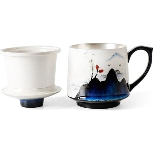 Pure Silver Ceramic Personal Water Cup Silver Gilt Filter Tea Cup With Cover Tea Set Office Tea Cup Tea Cup