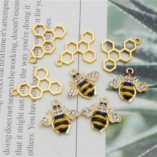 Julie Wang 6PCS Enamel Honeycomb And Bee Charms Mixed Hive Honeybee Pendants Alloy Necklace Bracelet Jewelry Making Accessory