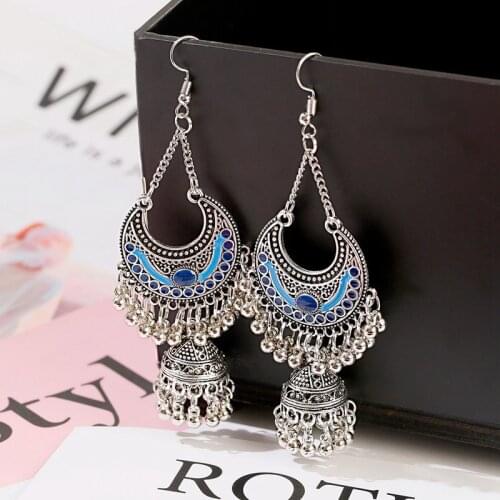 Ethnic Tribe Blue Silver Color India Jhumke Ladies Earrings 2020 Bohemian Tassel Drop Earrings Hangers