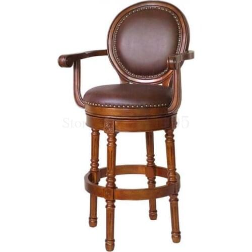 European Bar Chair, Solid Wood Bar Chair, Domestic American Bar Stool, Swivel Backrest, Leather High Stool, Bar Stool