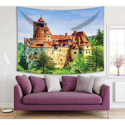 Tapestry The Medieval Castle of Bran Brasov Landmark, Romania the Myth of Dracula Sunny Summer Day View Green Blue