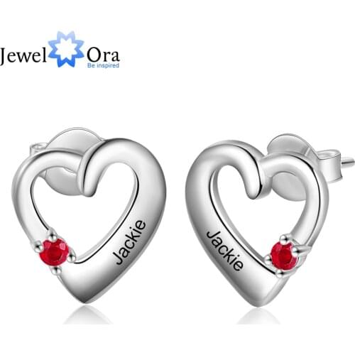 JewelOra Personalized Name Engraved Heart Stud Earrings with Birthstone Customized Handmade Earrings for Women Christmas Gifts