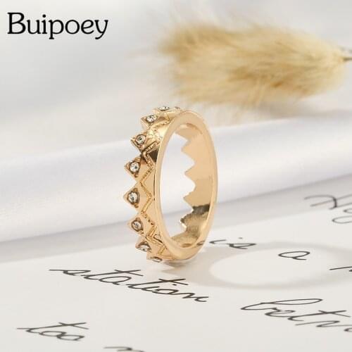 Buipoey Fashion Shiny Crystal Golden Crown Rings For Women Men Couple Friendship Stackable Ring Wedding Engagement Jewelry Gift