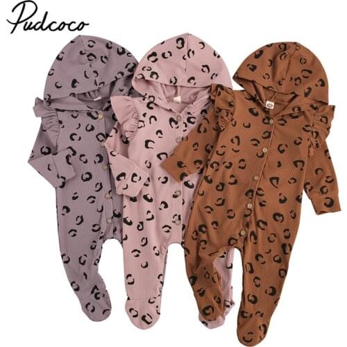Infants Baby Girls Boys Leopard Ribbed Footies Fall Jumpsuit Knitting Hooded Long Sleeve Buttons Home Sports Sleeping Trousers
