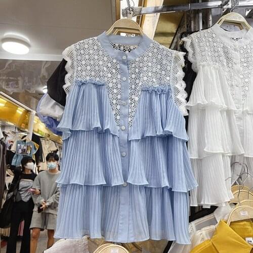 Sweet Style Lace Ruffles Patchwork Women Shirts Summer New Sleeveless Loose Elegant Female Outwear Tops