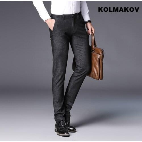 New Fashion Mens Pants Homme Long Trouser Masculino Business Casual Cotton Trousers Skinny Pant Male Dark Grey Plaid Trouser
