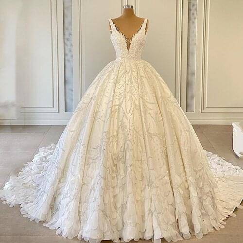 Luxury Beads Lace Ball Gown Wedding Dress with Cathedral Train Vestido de Noiva Romantic Spaghetti Straps Wedding Bridal Gowns