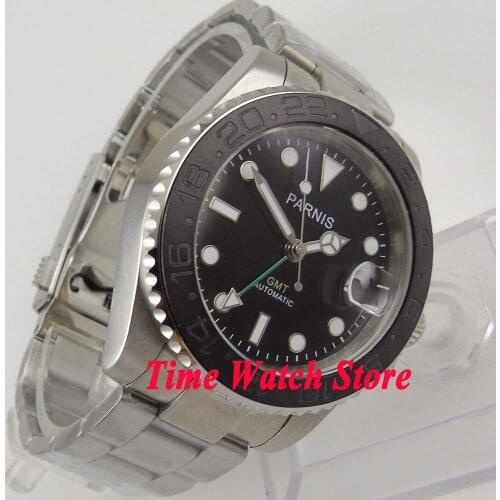 Luxury Parnis 40mm GMT Automatic mens watch sapphire glass waterproof black dial ceramic bezel date magnifier SS bracelet 875