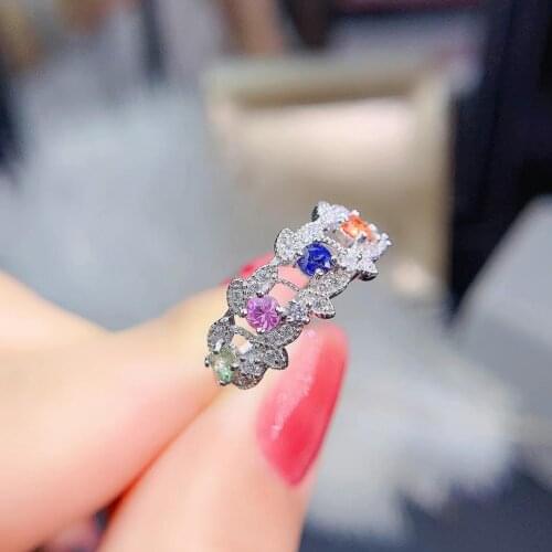 Luxurious Lovely Hollow leaf Natural Multicolor sapphire Ring S925 Silver Natural Gemstone Ring Womens girl party fine ewelry