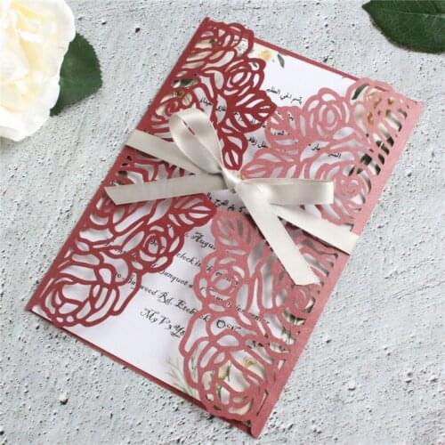 Rose laser cut invitations leaf lace burgundy wedding card paper 50pcs