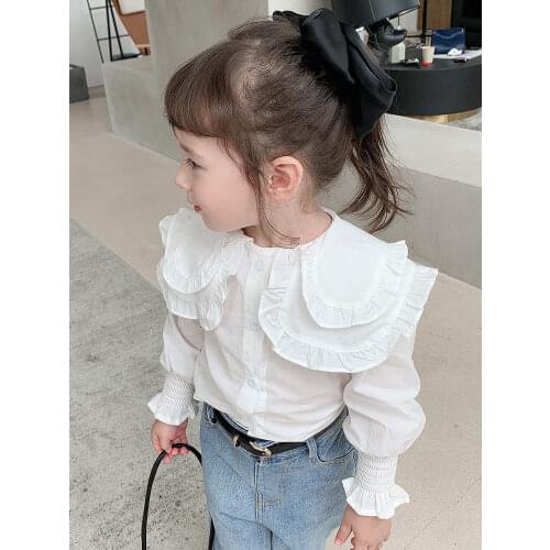 Girls Shirts Spring 2021 New Baby Girl Long-sleeved Shirt Lapel Doll Collar For Princess Ruffle Girl Tops Girls White Blouses