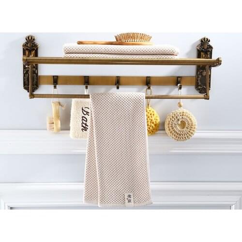 Foldable Antique Bath Towel Rack With Hooks Space Aluminum Wall Mounted Carved Metal Shelf Free Punching Bathroom Towel Holder