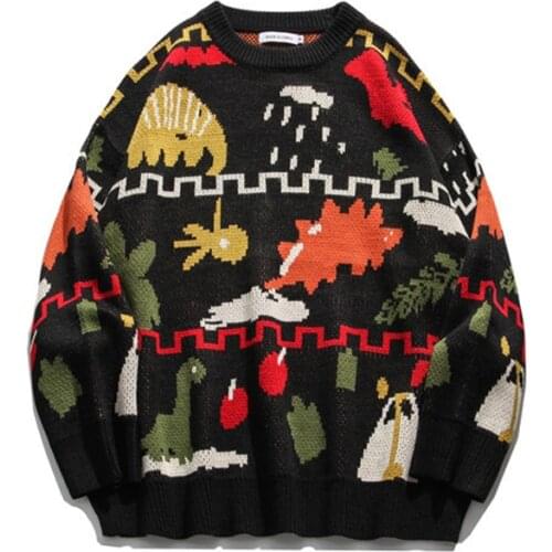Japanese Harajuku Streetwear Dinosaur Sweater for Men and Women Knitted Graphic Oversized Graffiti Cartoon Pullover Jumper