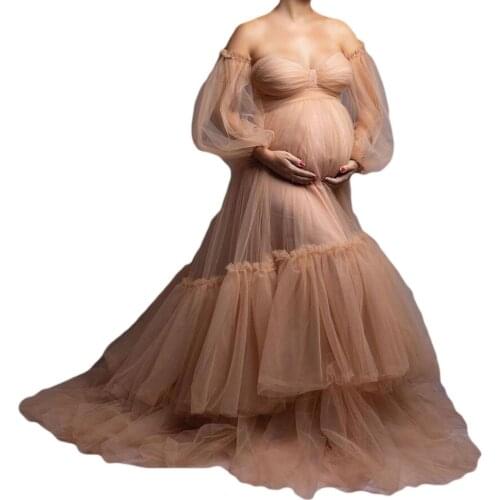 Unique Champange Prom Dresses Robes for Photo Shoot or Baby Shower Custom Made Maternity Robes Photoshoot Fluffy Tiered Robe