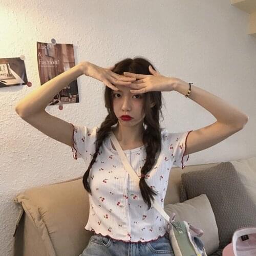 Women Short Sleeve Shirt Knit Floral T-shirt Ladies Crop Top Cherry Print O Neck Knitted Cute Crop Tees Female Buttoned Up New